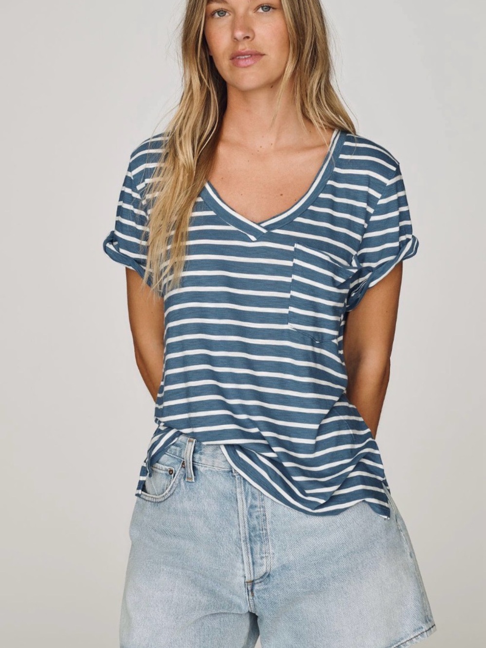 Pilcro Blue & White Striped V-Neck Pocket Tee